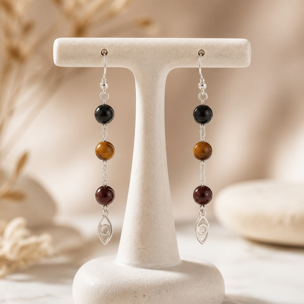 Boucles d'Oreilles "3 Œil" ( oeil de faucon, oeil de taureau, oeil du tigre ) - Argent 925 & Pierre Naturelle