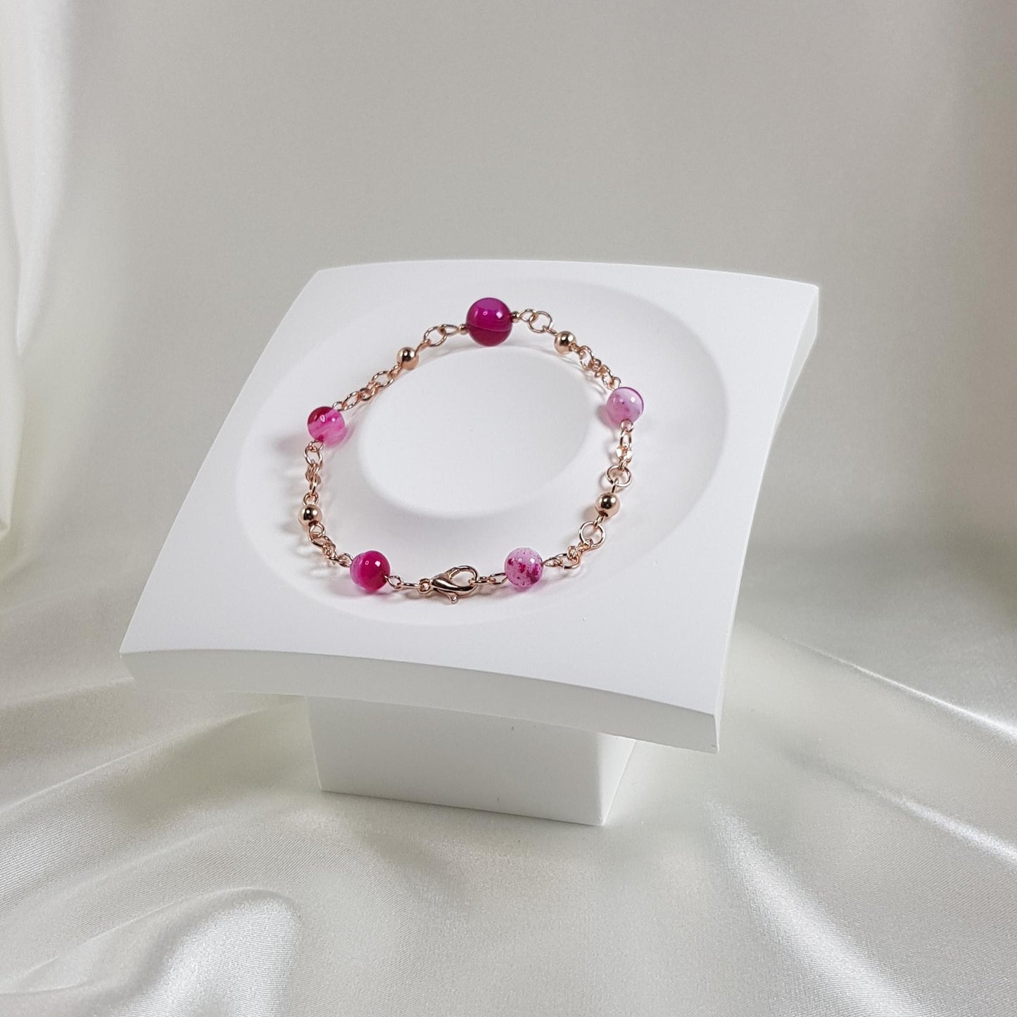 Bracelet agate fushia en argent 925 plaqué or rose