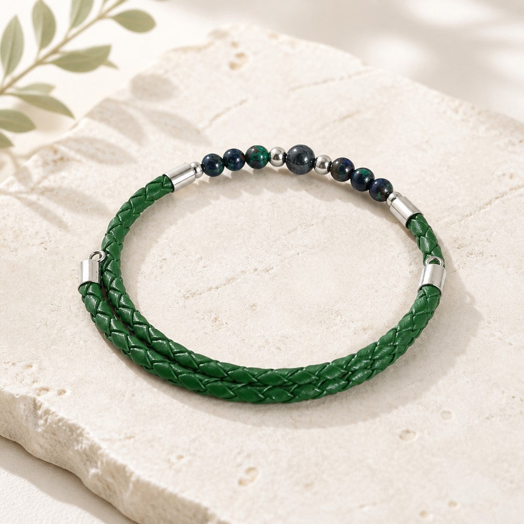 Bracelet Azurite & Simili Cuir 3 mm | Bijou Artisanal Acier Inoxydable