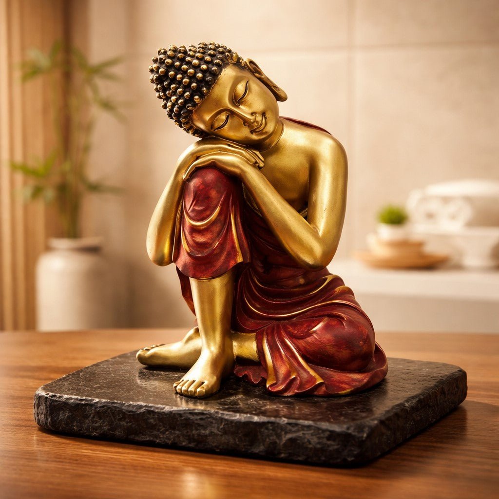Bouddha Thaï Rouge et Or - Tête sur Genou - Contemplation Sacrée