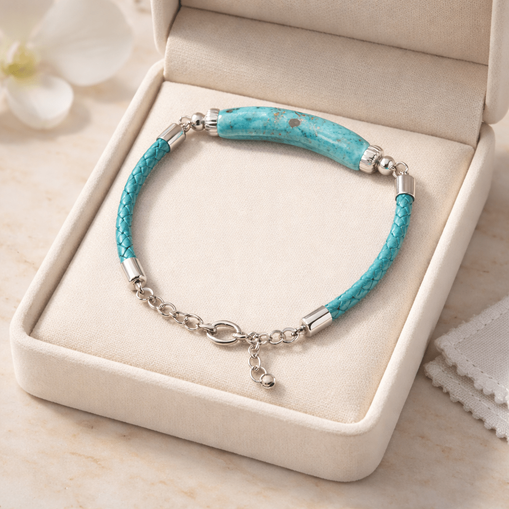 Bracelet Argent 925 Verre Murano Ciel simili cuir Bijou Vénitien Artisanal