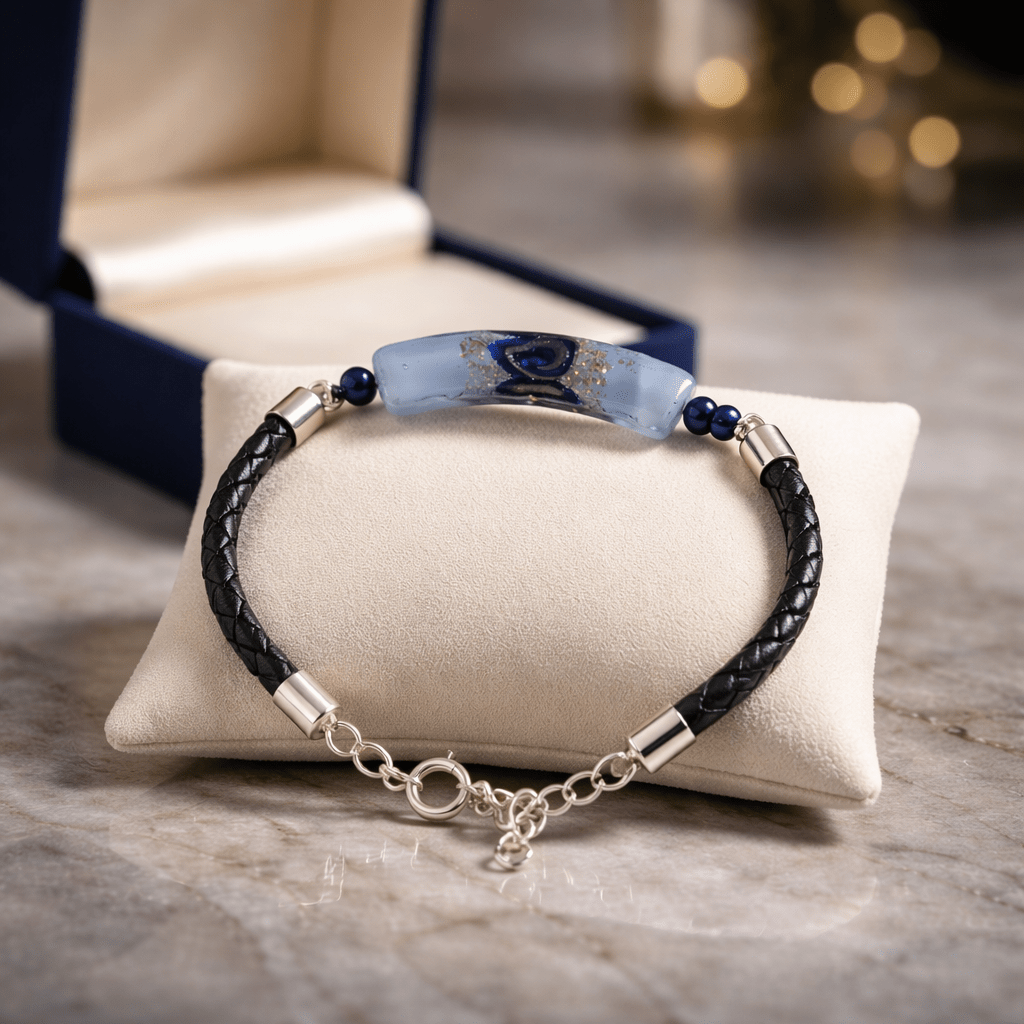 Bracelet Argent 925 Verre Murano lapis lazuli simili cuir Bijou Vénitien Artisanal