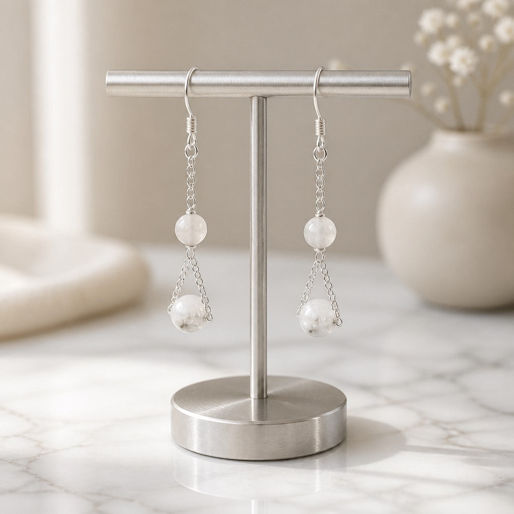 Boucles d'Oreilles Labradorite blanche - Argent 925 & Pierre Naturelle