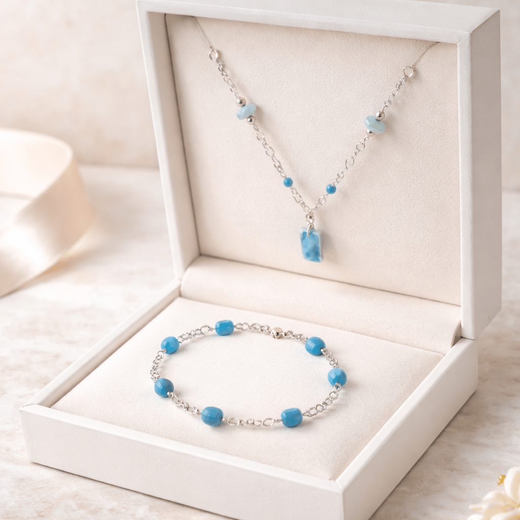 Parure Larimar Bleu Argent 925 - Pierre Rare