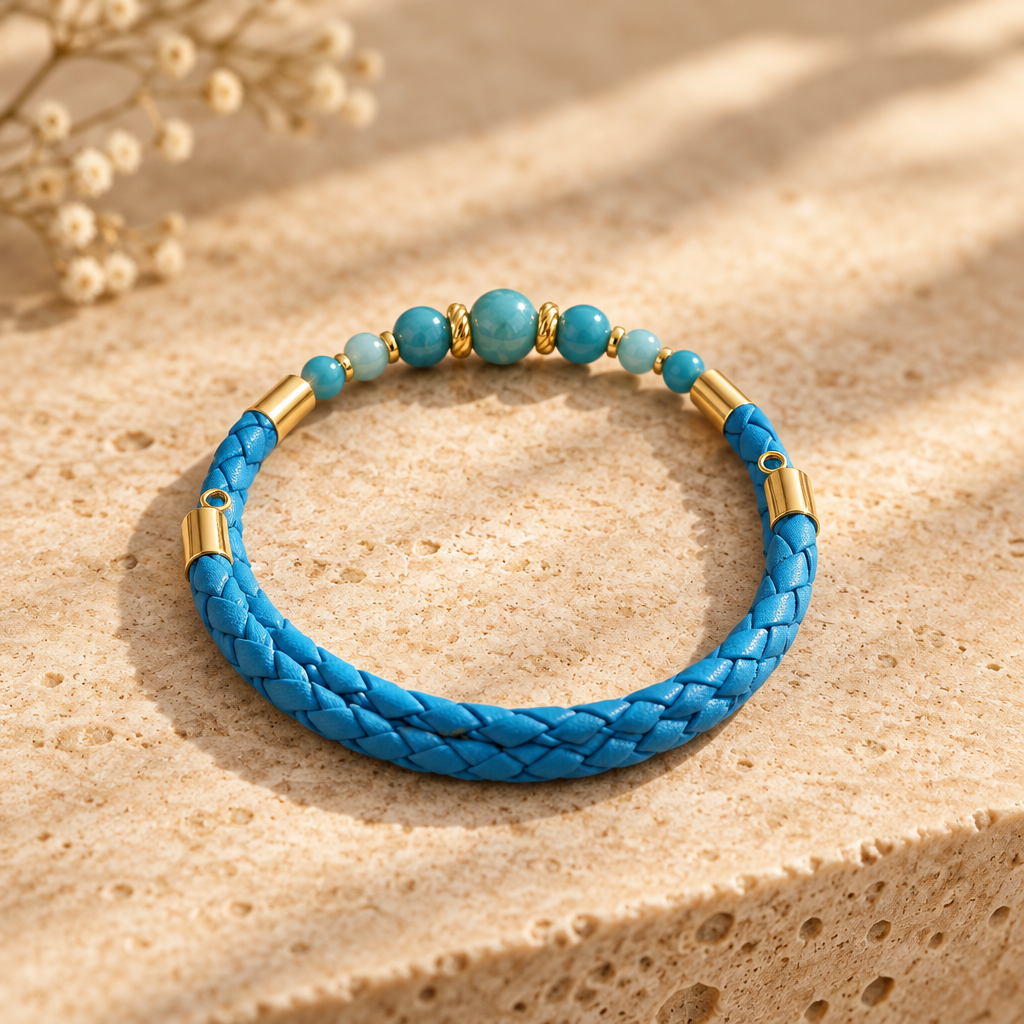 Bracelet Larimar Bleu Argent doré - Pierre Rare simili cuir