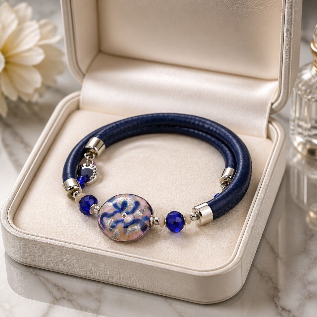 Bracelet Murano Médaillon Design Bleu Rose - Bijou Vénitien Artisanal