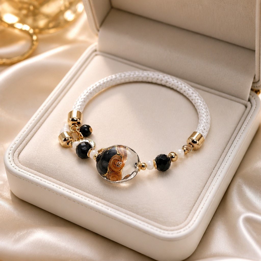 Bracelet Murano Médaillon Yin Yang blanc - Bijou Vénitien