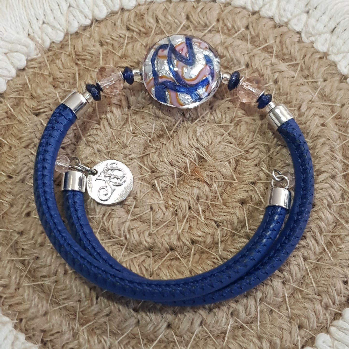 Bracelet murano médaillon désign bleu et rose