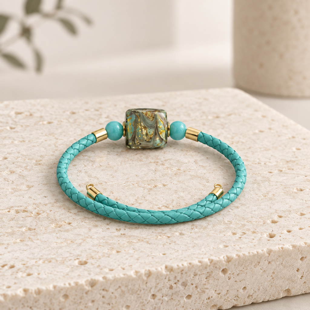 Bracelet Murano Carré + amazonite + argent doré - Lumière Vénitienne