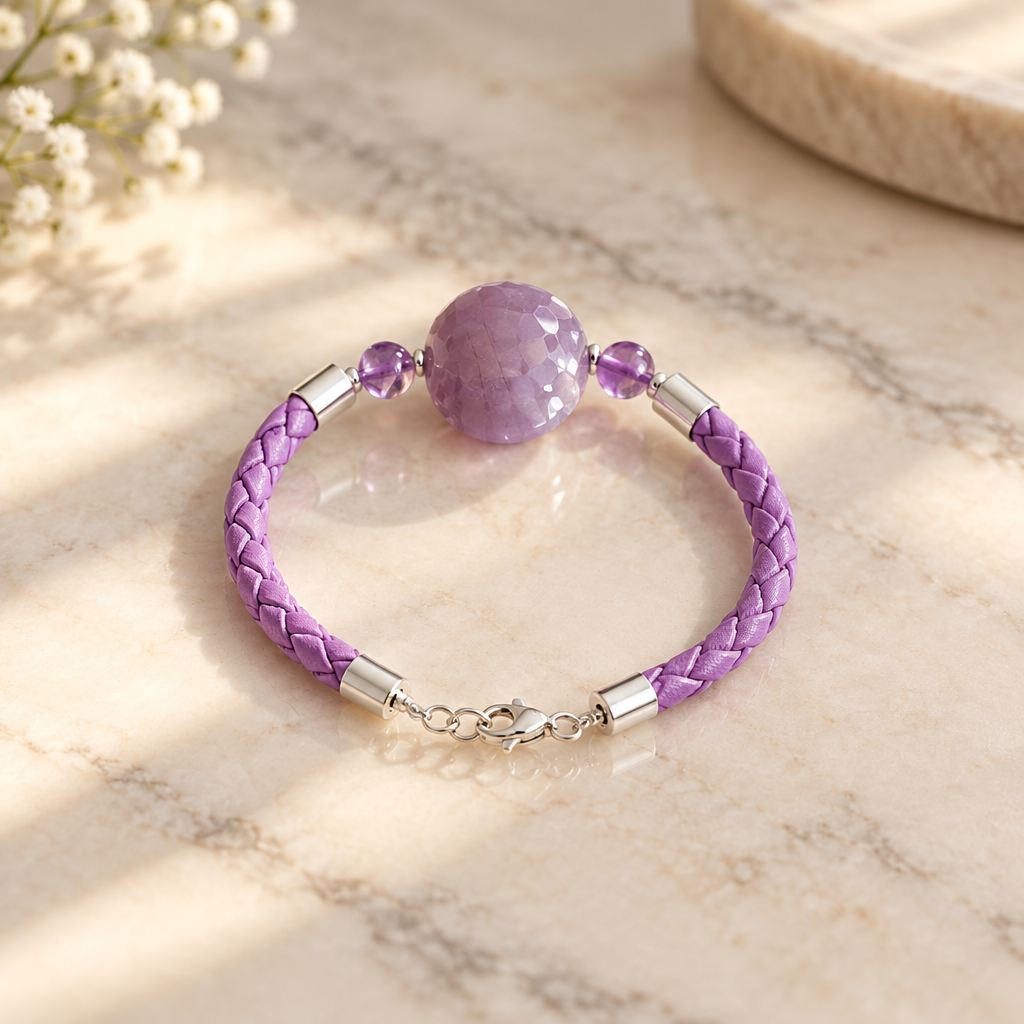 Bracelet Argent 925 Verre Murano + amethyste lavande simili cuir Bijou Vénitien Artisanal