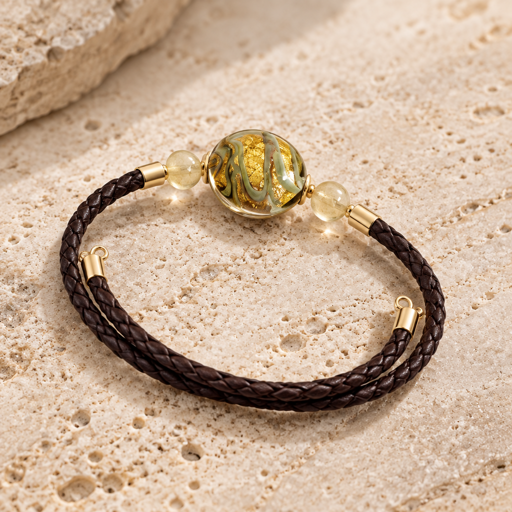 Bracelet Murano médaillon + citrine + argent doré - Lumière Vénitienne