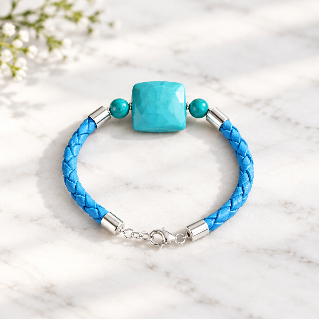 Bracelet Argent 925 Verre Murano + turquoise simili cuir Bijou Vénitien Artisanal
