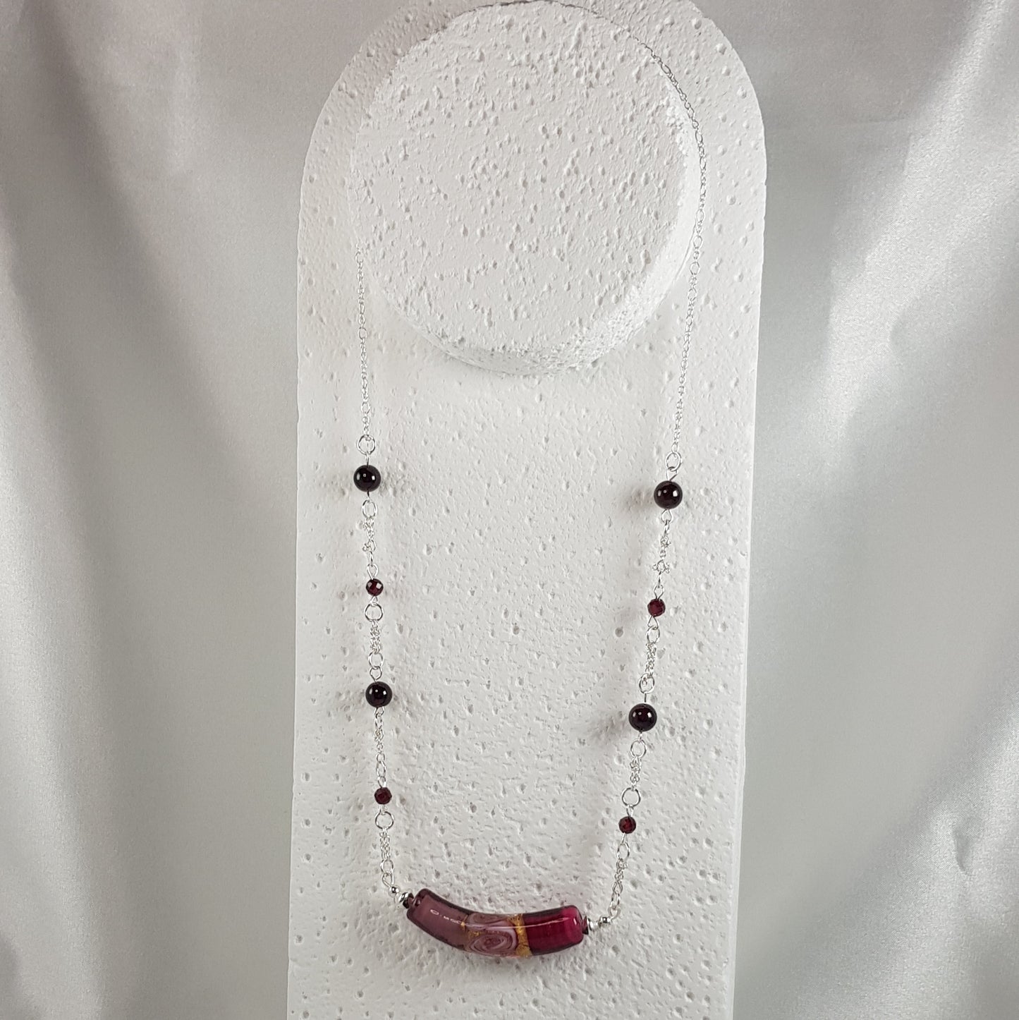 Chaîne Argent 925 Verre Murano Violine Bordeaux + pierres naturelles grenat - Bijou Vénitien