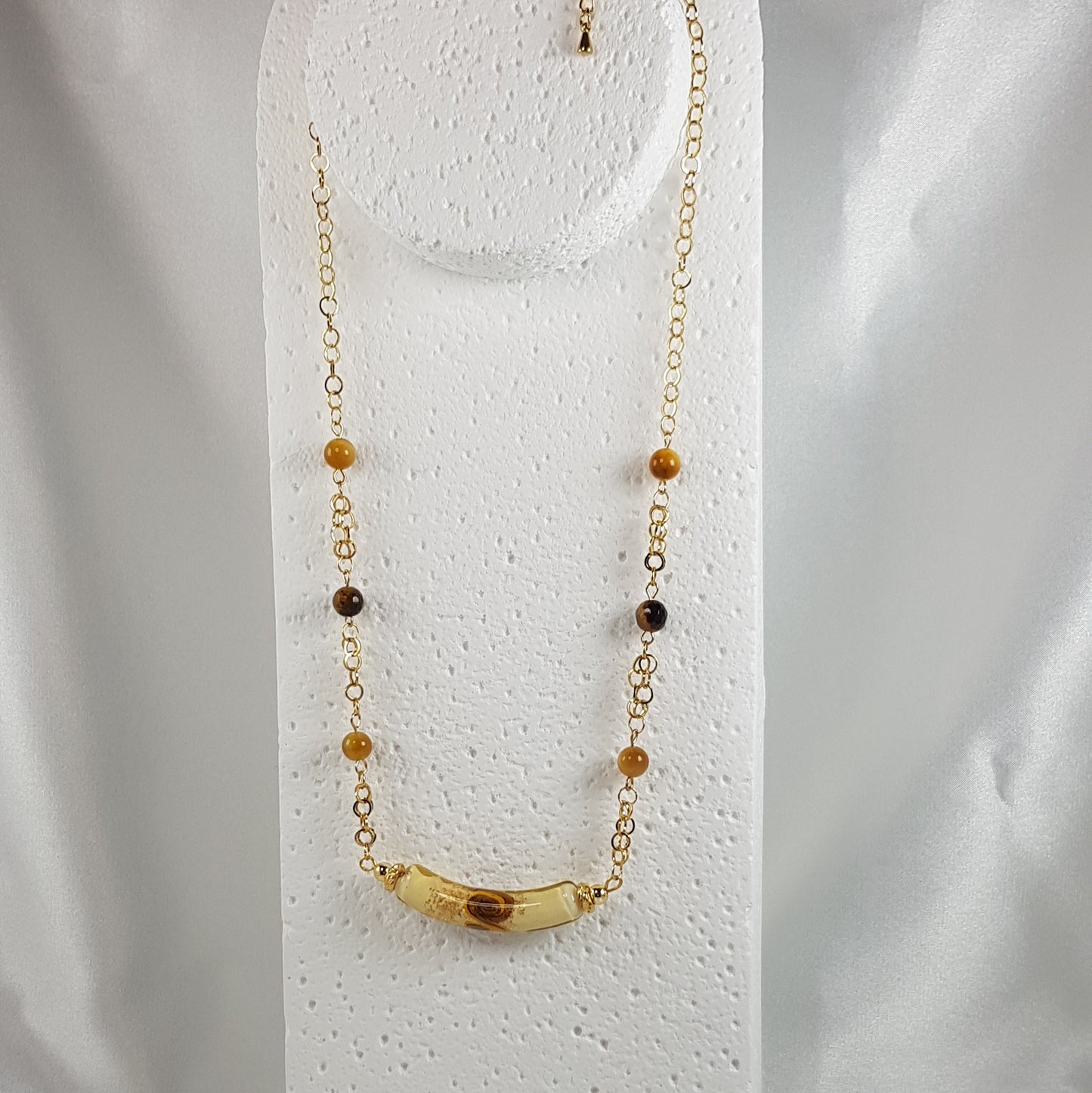 Chaîne Acier Verre Murano Moutarde + oeil du tigre - Collier Vénitien Certifié