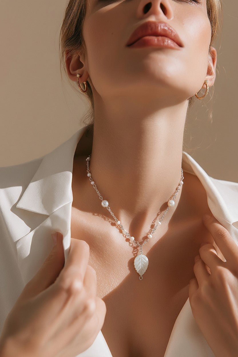 Pendentif Nacre Feuille Argent 925 | Lithothérapie Nature