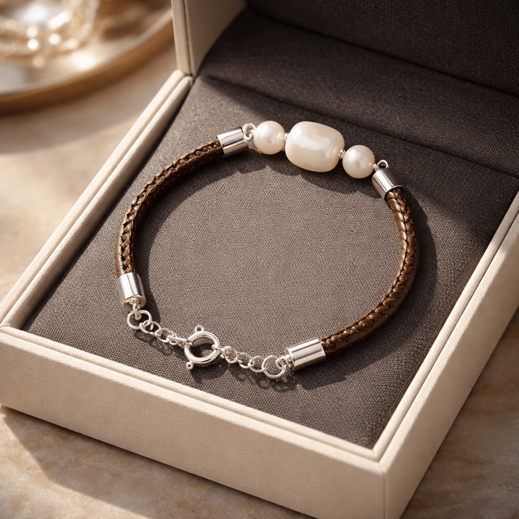 Bracelet Nacre Fusette Argent 925 - simili cuir
