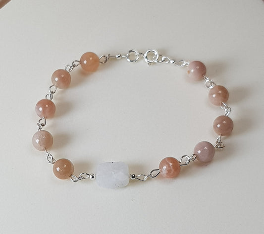 Pierre de lune pêche + blanche argent 925