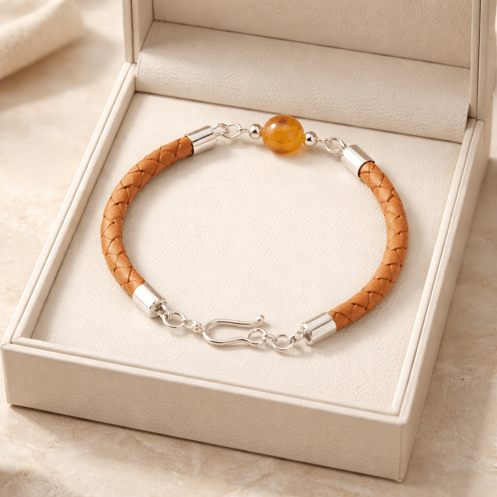 Bracelet Quartz Hématoïde Jaune Argent 925 simili cuir