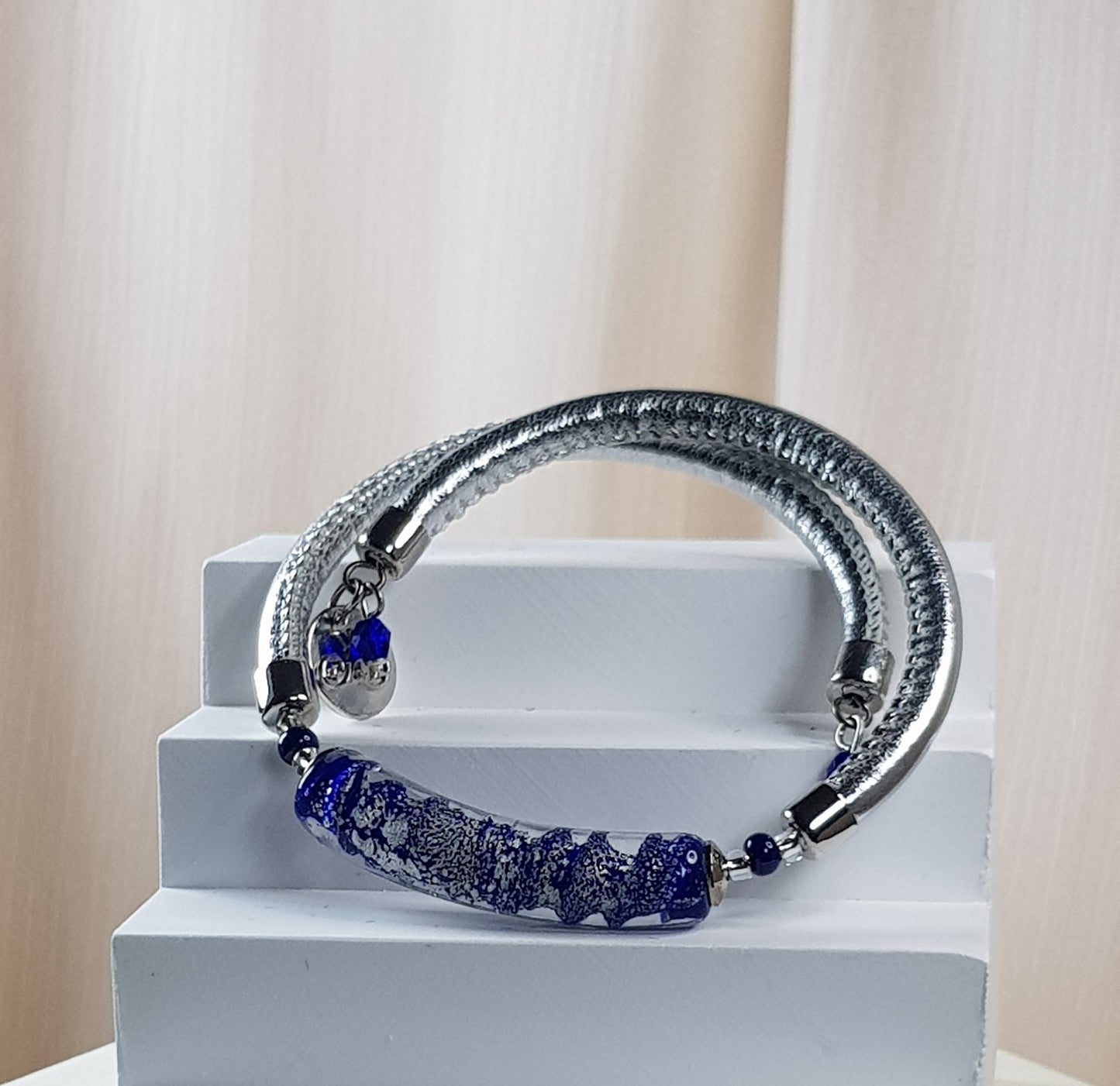 Bracelet murano tube bleu argenté