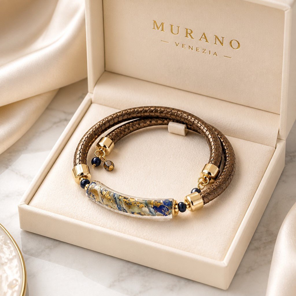 Bracelet Murano Tube Bleu Cuivré - Verre Vénitien Certifié