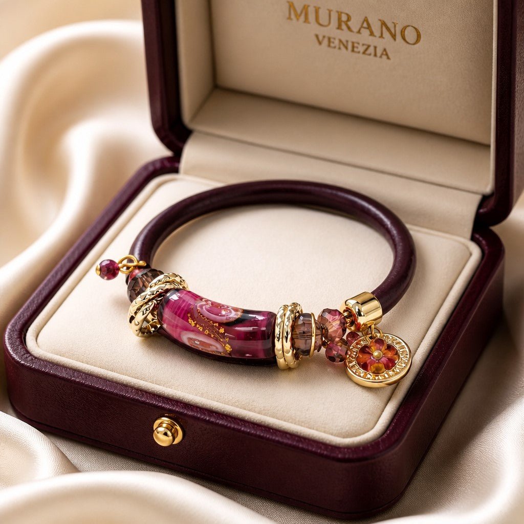 Bracelet Murano Tube Luxe Bordeaux - Verre Vénitien Haut de Gamme