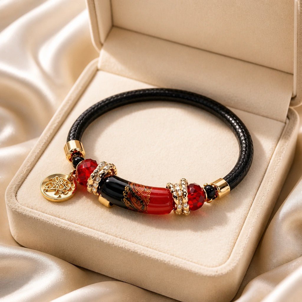 Bracelet Murano Tube Luxe Rubis Noir - Verre Vénitien Haut de Gamme