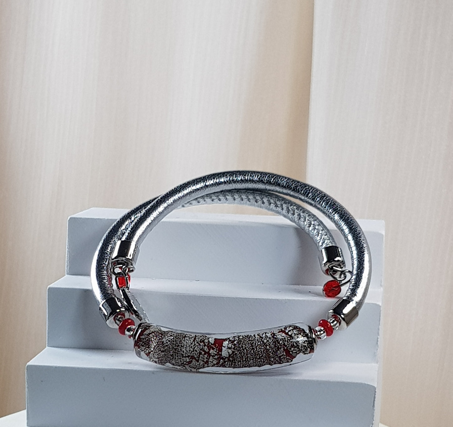 Bracelet murano tube rouge argenté