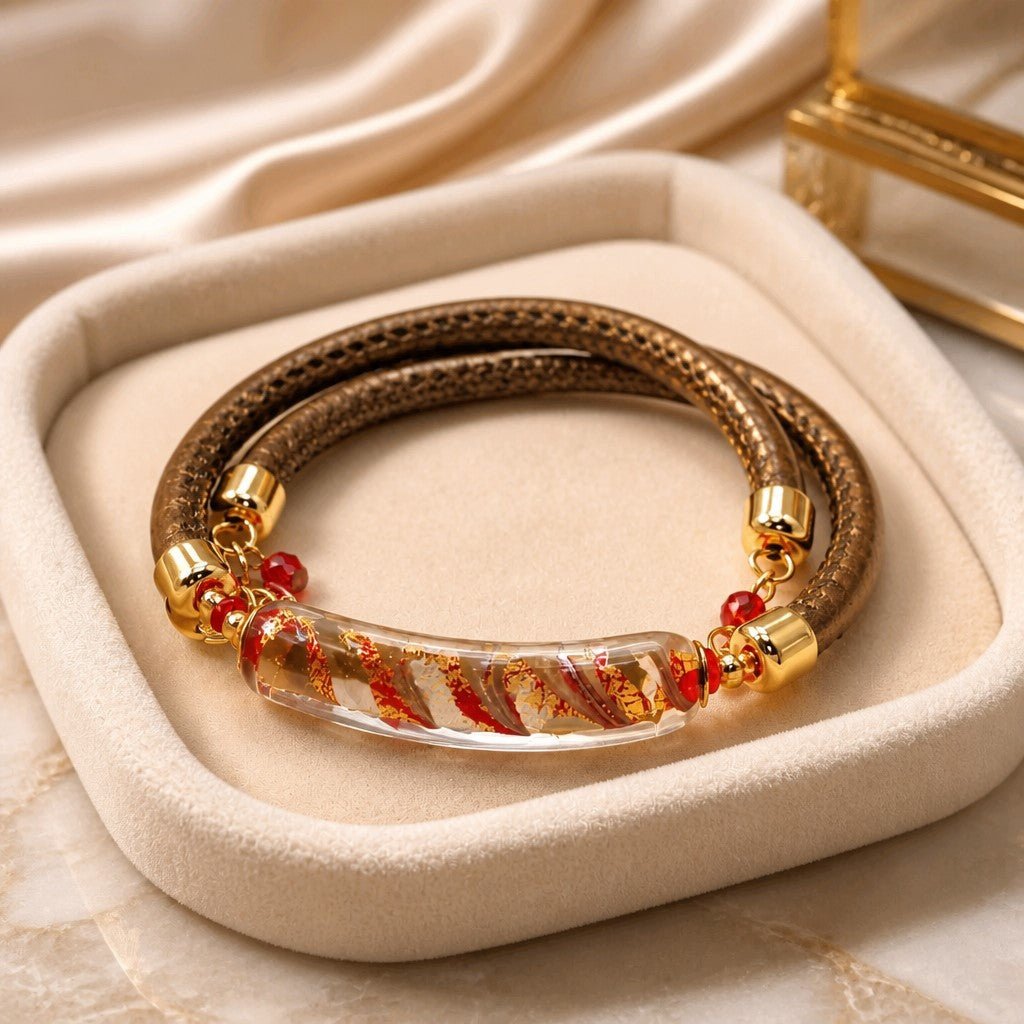 Bracelet Murano Tube Rouge Cuivré - Bijou Vénitien Artisanal