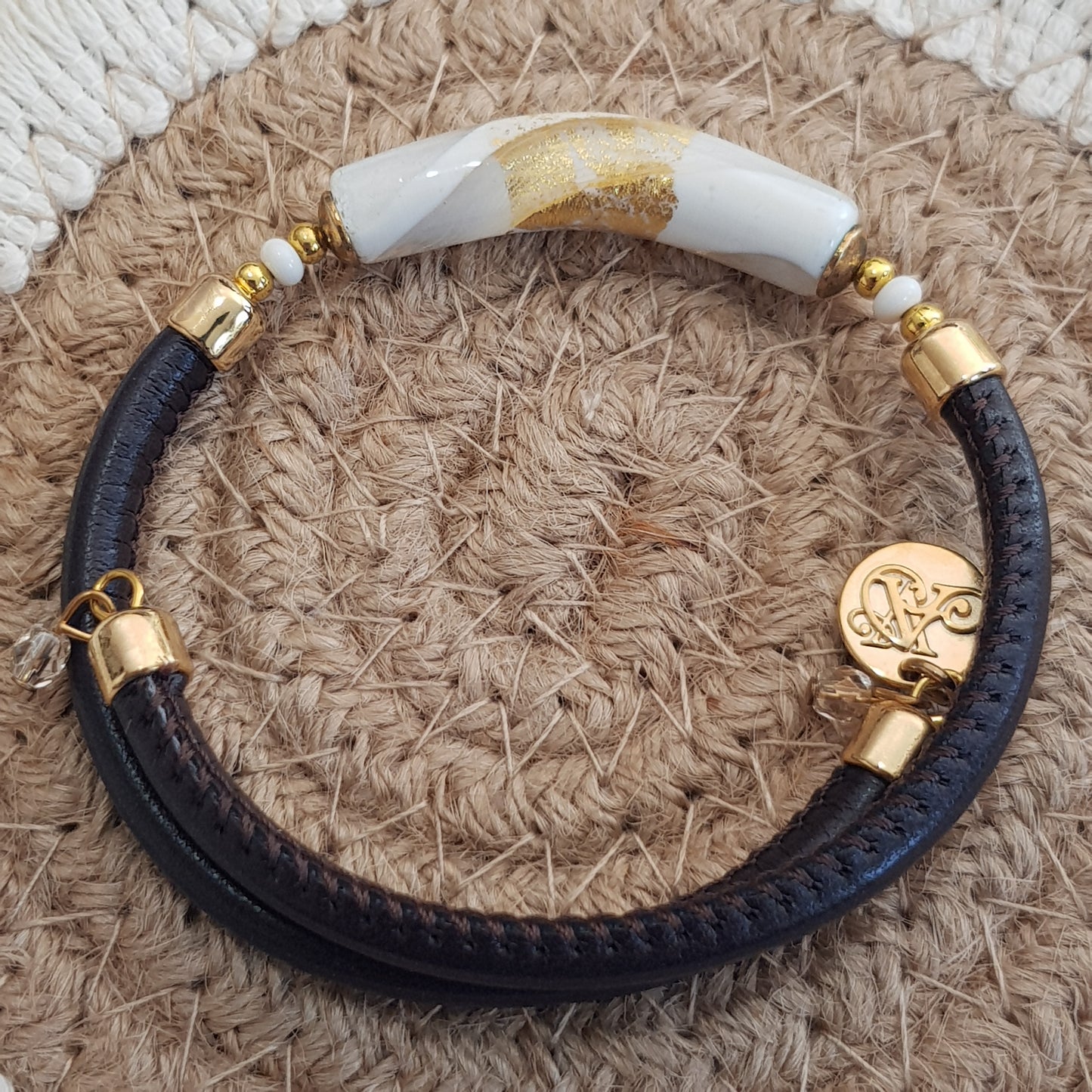 Bracelet murano tube blanc doré