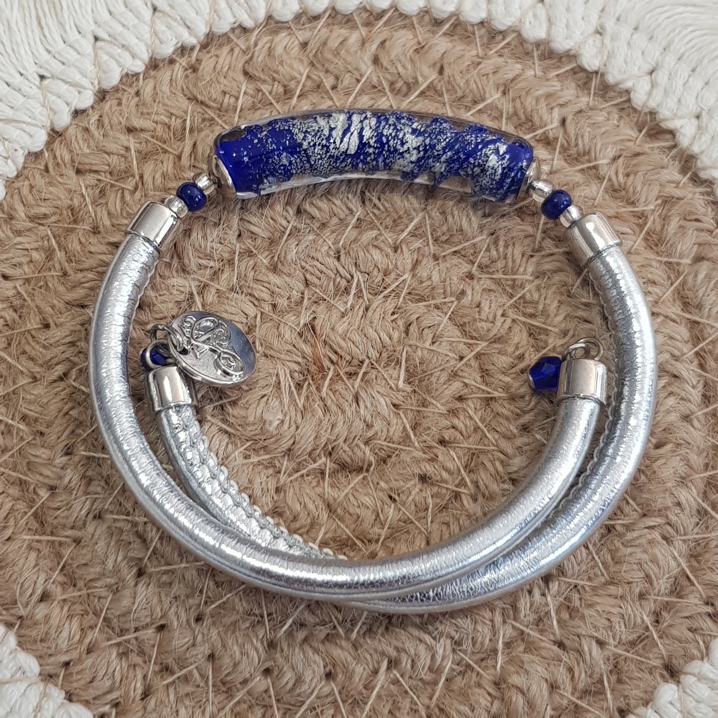 Bracelet murano tube bleu argenté
