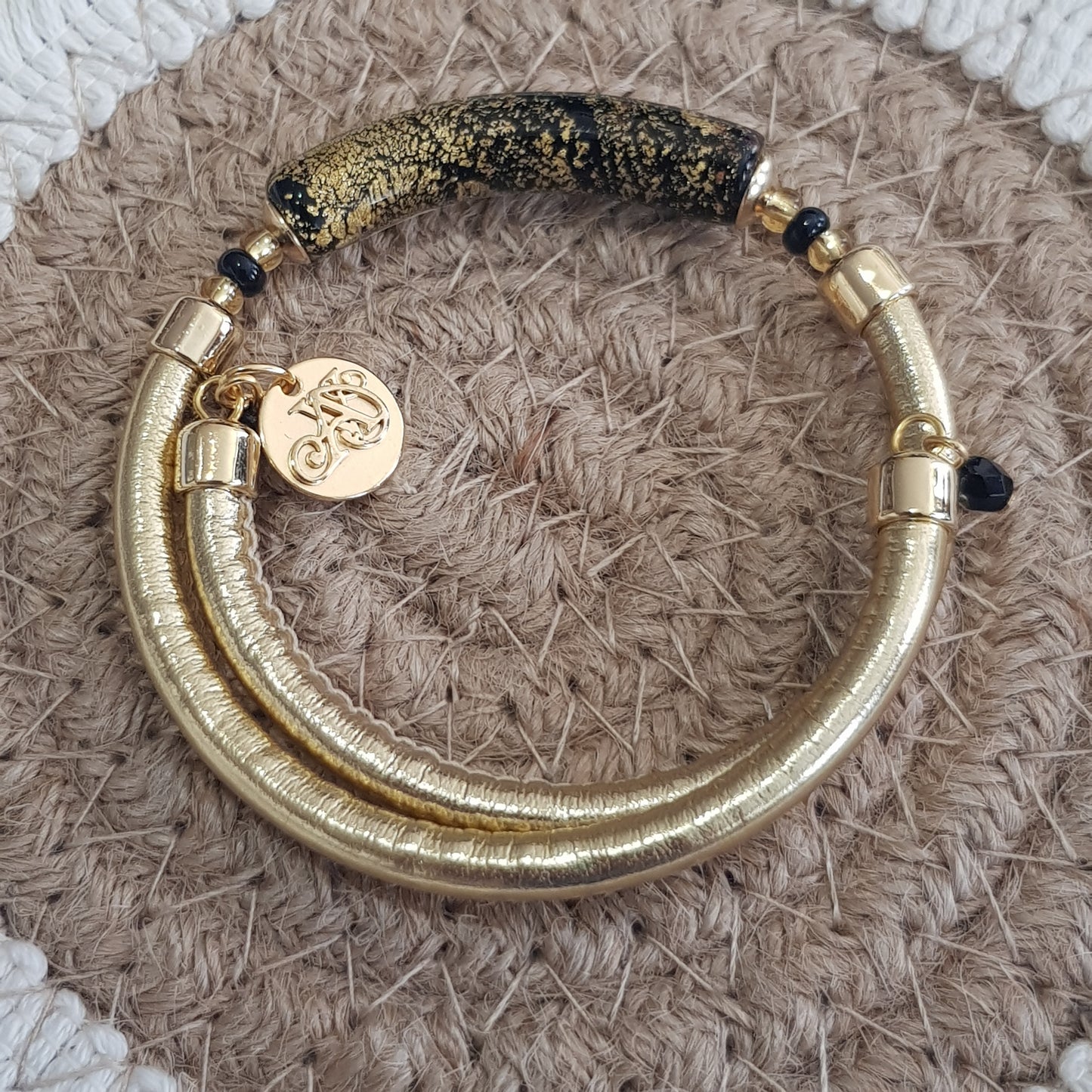 Bracelet murano tube doré noir