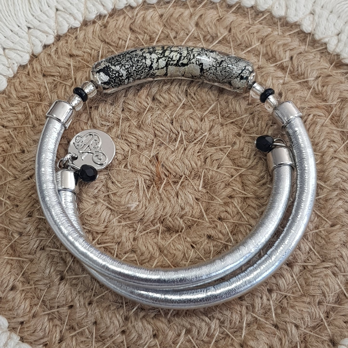 Bracelet murano tube noir argenté