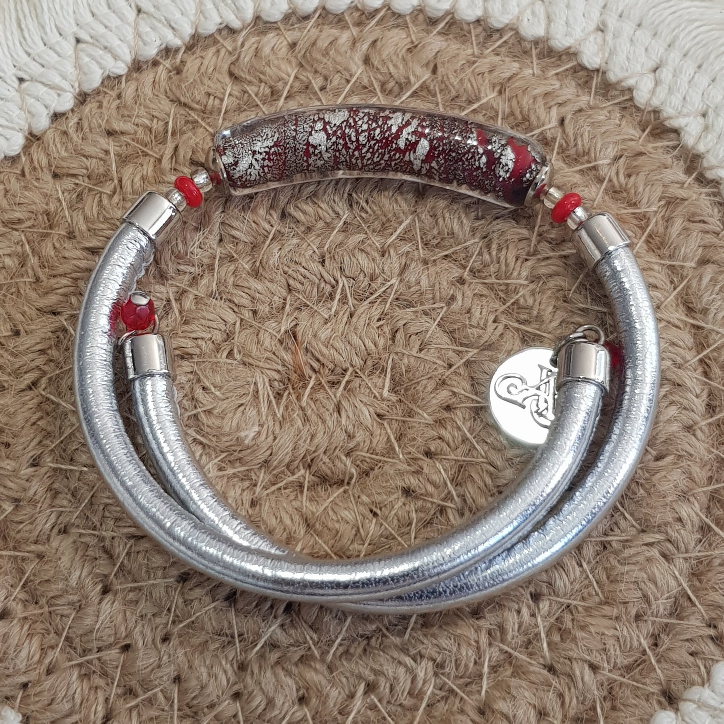 Bracelet murano tube rouge argenté