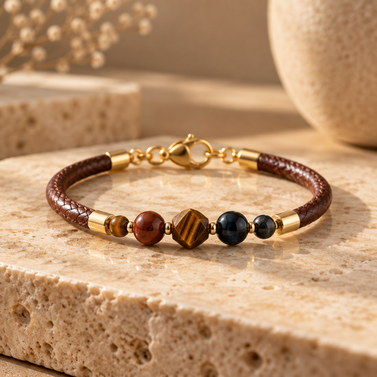 Bracelet 3 Œil Argent doré - Taureau Tigre Faucon simili cuir