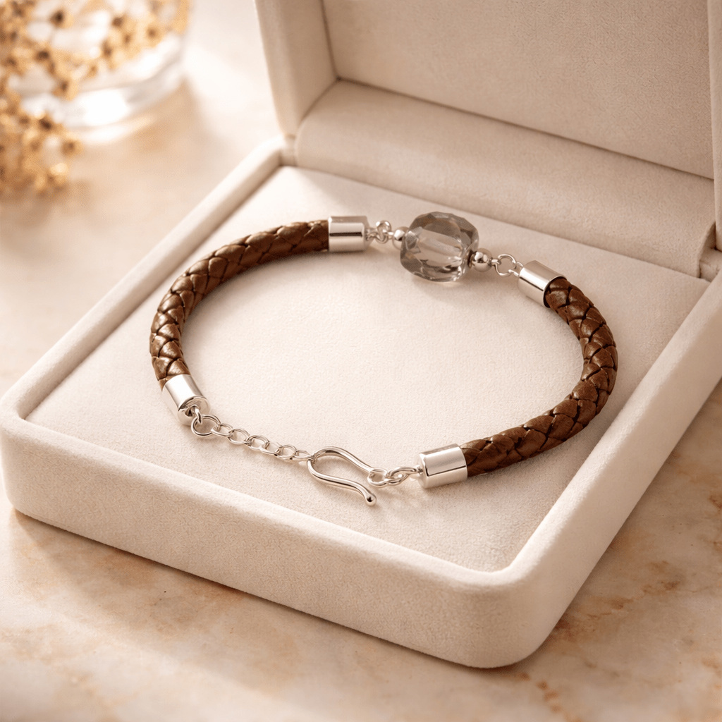 Bracelet Quartz Fumé Argent 925 simili cuir