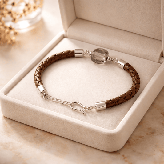 Bracelet Quartz Fumé Argent 925 simili cuir