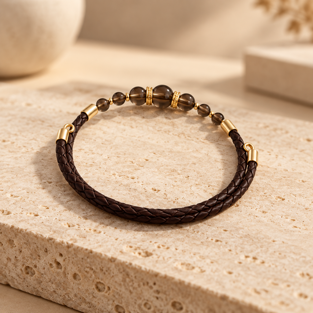 Bracelet Quartz Fumé Argent doré simili cuir
