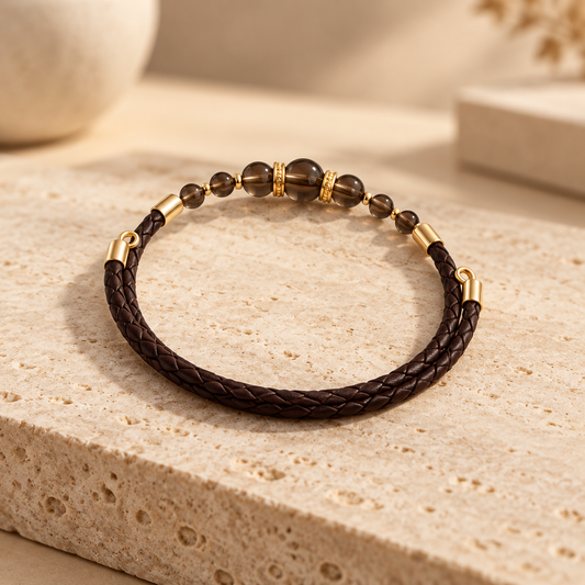 Bracelet Quartz Fumé Argent doré simili cuir