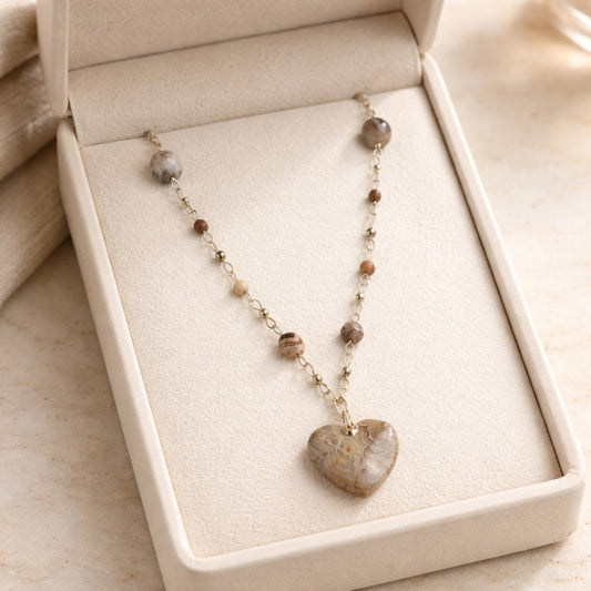 Pendentif Agate Mexicaine Crazy Coeur Argent 925 - Pierre Naturelle