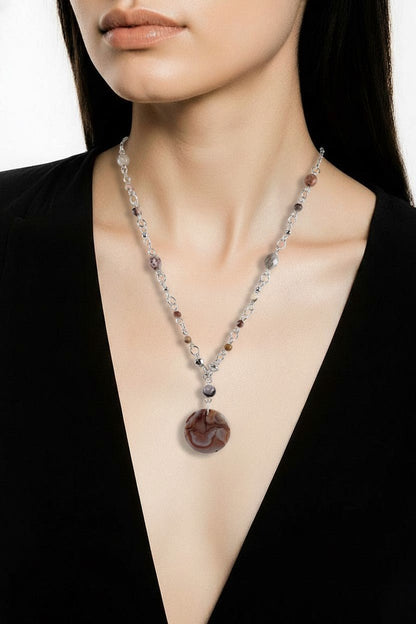 Pendentif Agate Mexicaine Crazy Rond Argent 925 - Pierre Naturelle