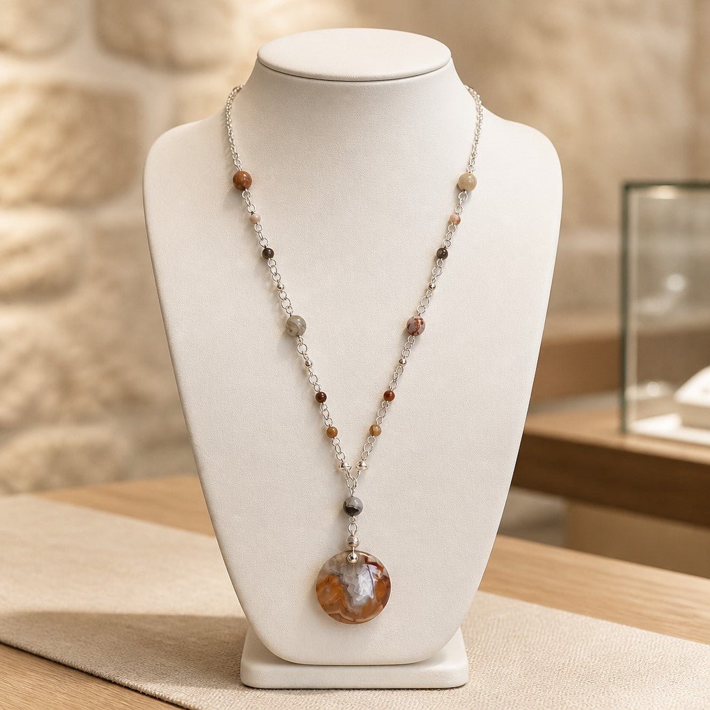 Pendentif Agate Mexicaine Crazy Rond Argent 925 - Pierre Naturelle