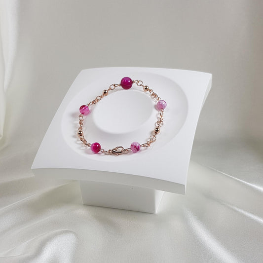 Bracelet agate fushia en argent 925 plaqué or rose 