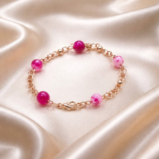 Bracelet Agate Fushia Argent 925 Plaqué Or Rose