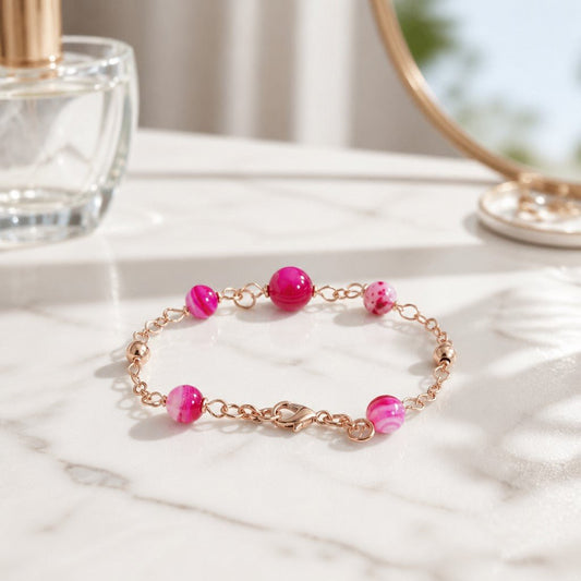 Bracelet Agate Fushia Argent 925 Plaqué Or Rose