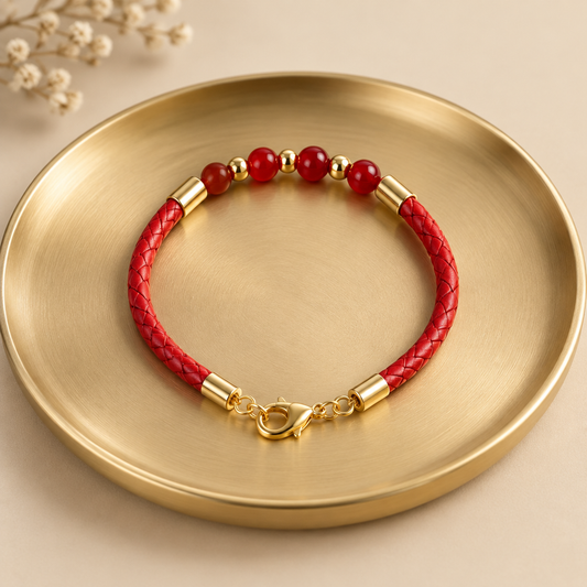 Bracelet Agate Rouge Argent doré - Pierre Naturelle simili cuir