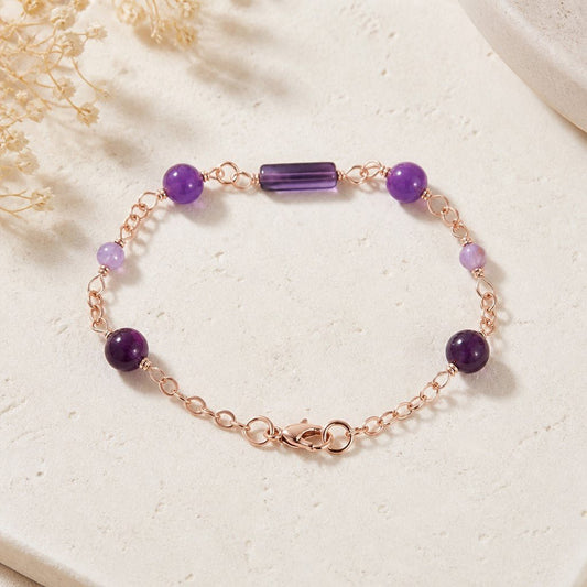Bracelet Agate Violette Argent 925 Plaqué Or Rose