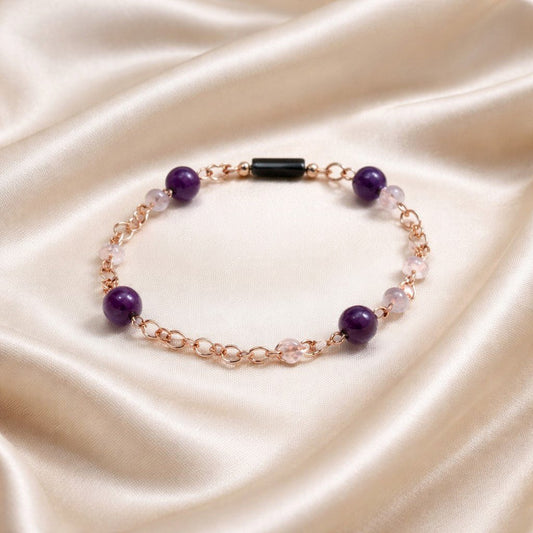 Bracelet Agate Violette Argent 925 Plaqué Or Rose