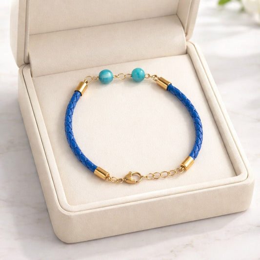 Bracelet Agate Turquoise Opaline Acier - simili cuir