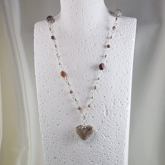 Pendentif agate mexicaine crazy cœur en argent 925 - pierre naturelle