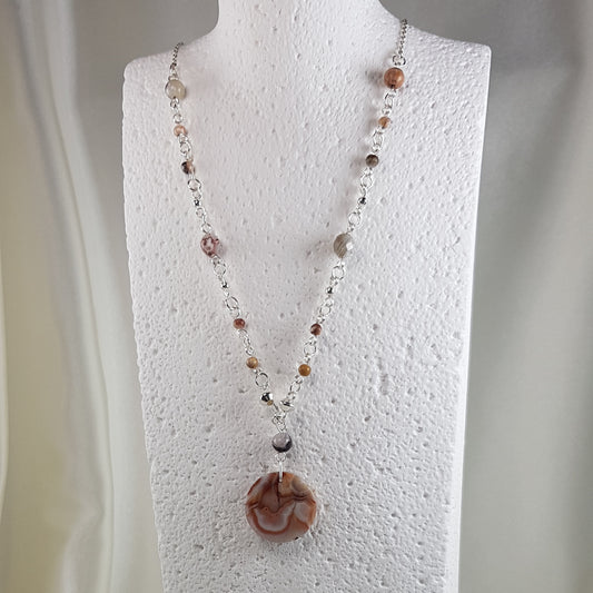 Pendentif agate mexicaine crazy rond en argent 925 - pierre naturelle